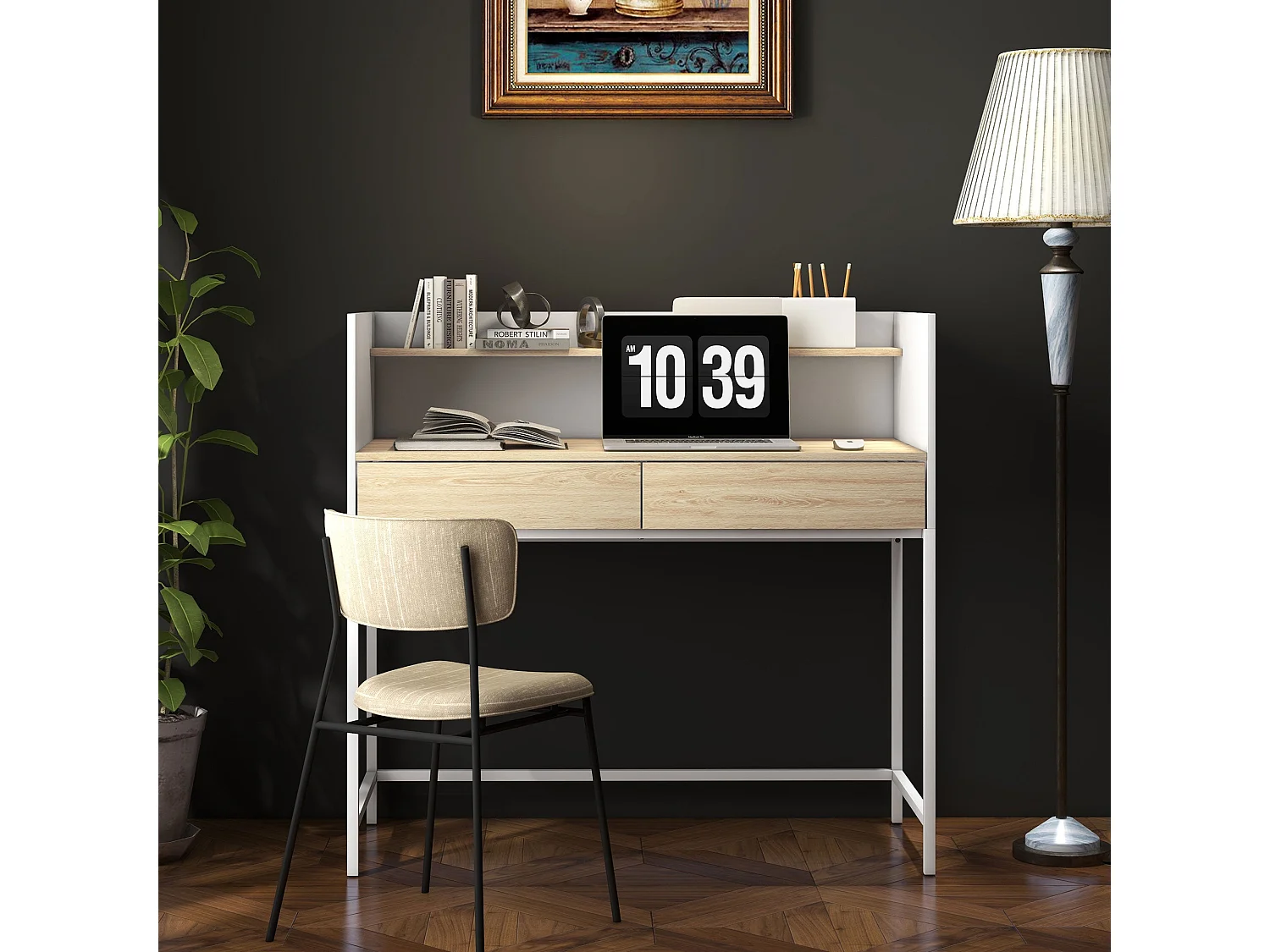 Mesa de Escritório HOMCOM Moderna com 2 Gavetas e Prateleira em Branco e Carvalho - 106x51,5x102,5 cm