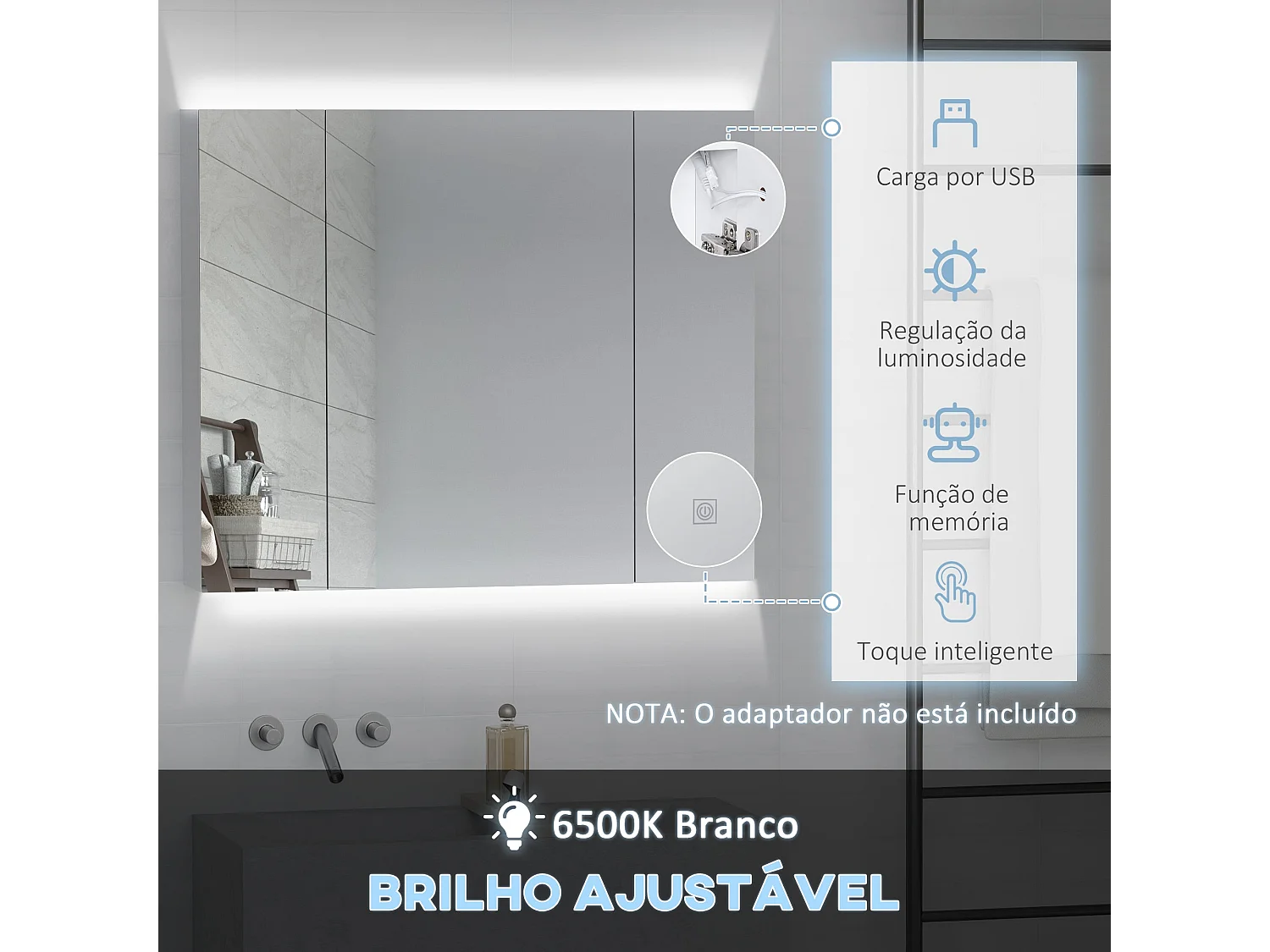 Armario de baño Chakra Kleankin con luz LED blanco 75x90x15 cm