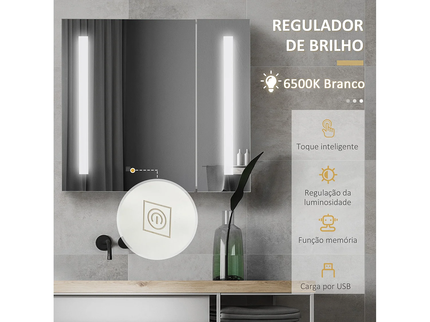 Armário de Banho com Espelho e Luz LED - 70x15x65 cm - Moderno e Funcional