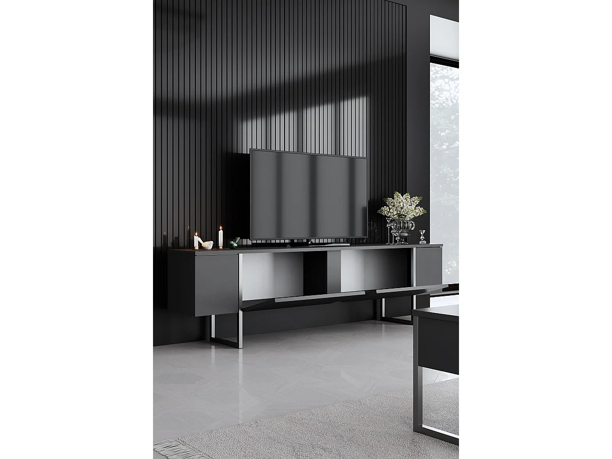 Eleganter TV-Ständer – 180 x 30 x 50 cm – Anthrazit und Silber – Melaminbeschichtete Spanplatte