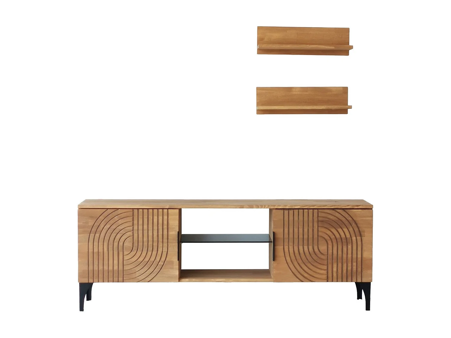 Ensemble meuble TV et 2 étagères murales Belizo Bois massif Chêne clair Motif demi arcs