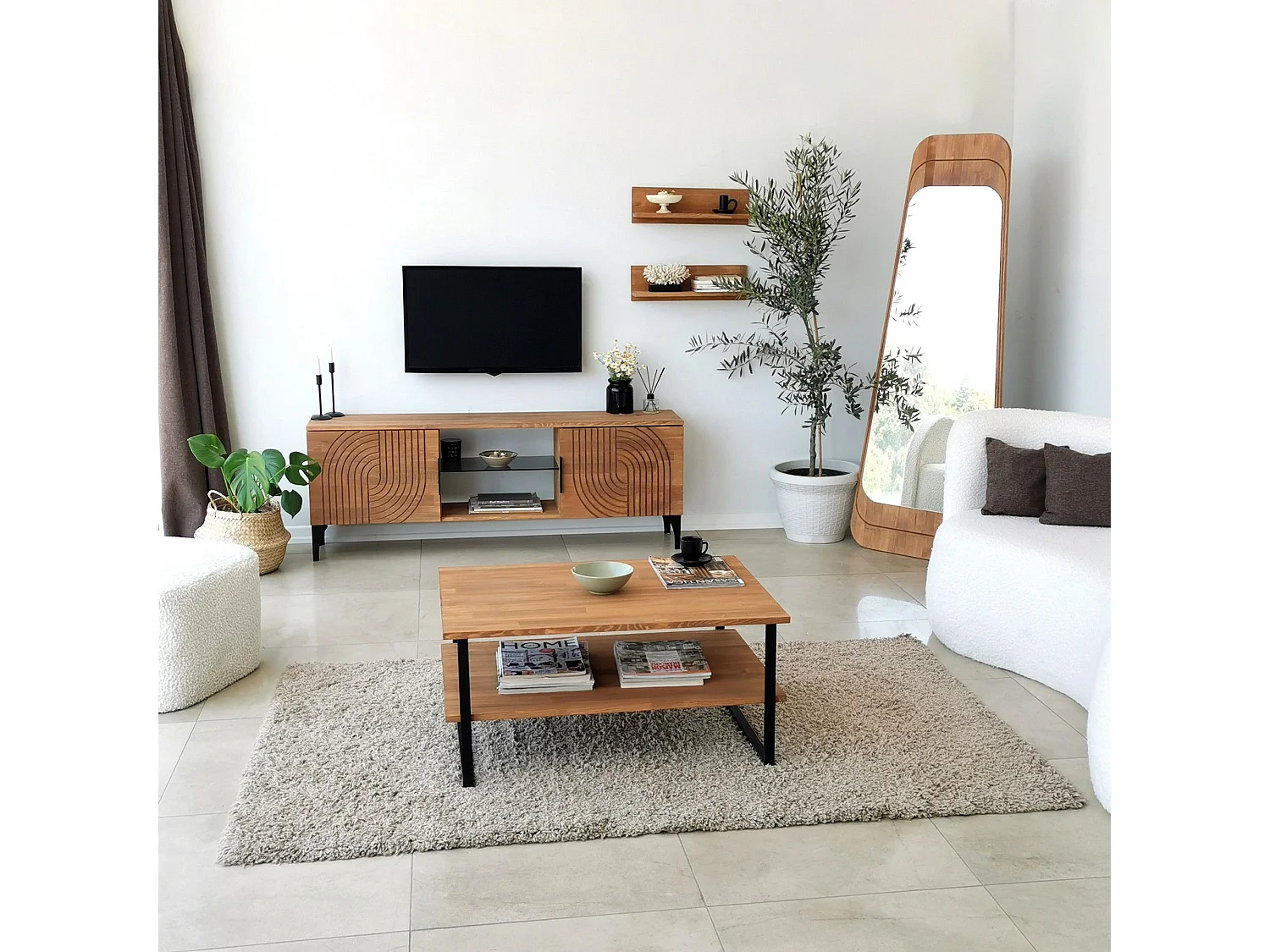 Ensemble meuble TV et 2 étagères murales Belizo Bois massif Chêne clair Motif demi arcs