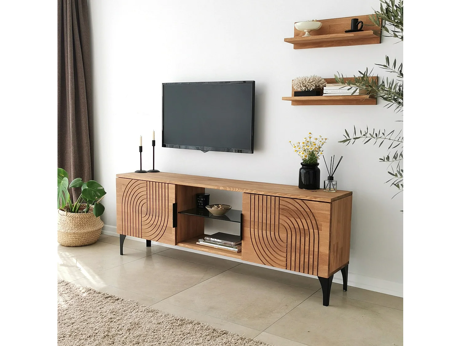 Ensemble meuble TV et 2 étagères murales Belizo Bois massif Chêne clair Motif demi arcs