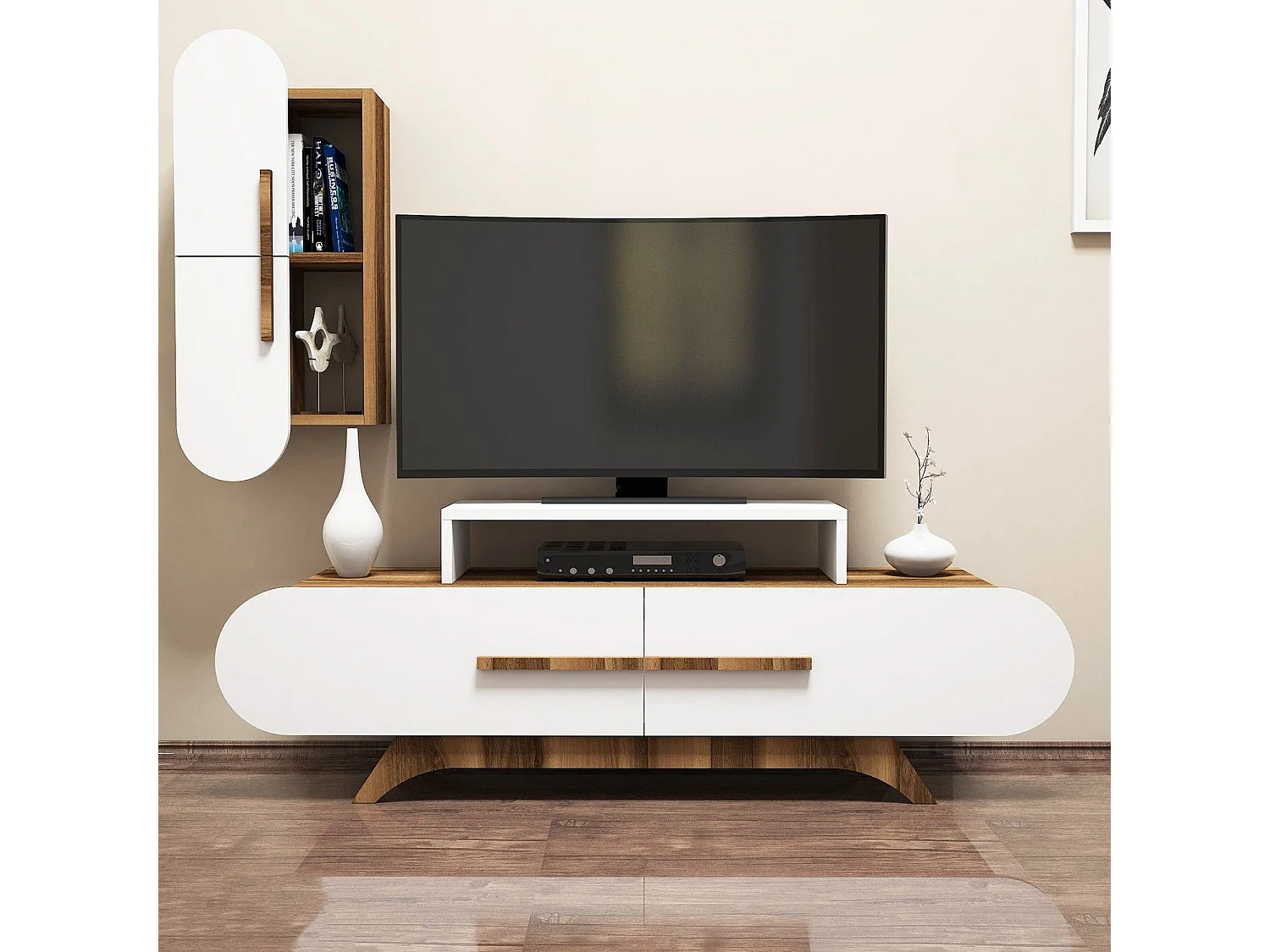 Meuble TV avec étagère murale Ellipsis Bois et Blanc
