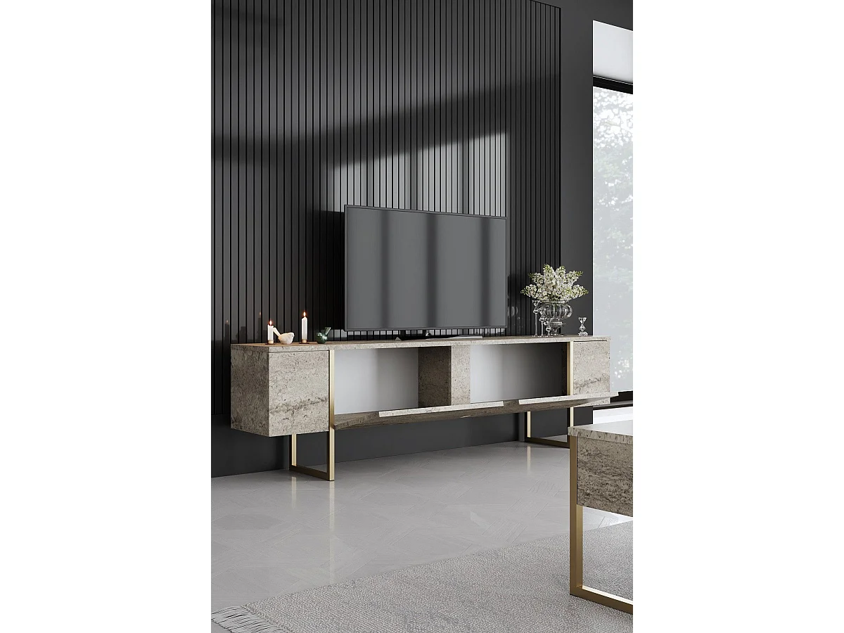 Ensemble de meubles de salon moderne avec meuble TV, console et table basse Sibylle Bois Effet travertin et Métal Or