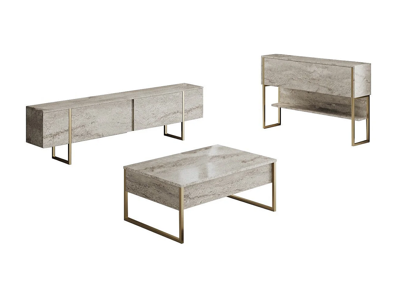 Ensemble de meubles de salon moderne avec meuble TV, console et table basse Sibylle Bois Effet travertin et Métal Or