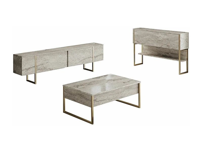 Ensemble de meubles de salon moderne avec meuble TV, console et table basse Sibylle Bois Effet travertin et Métal Or