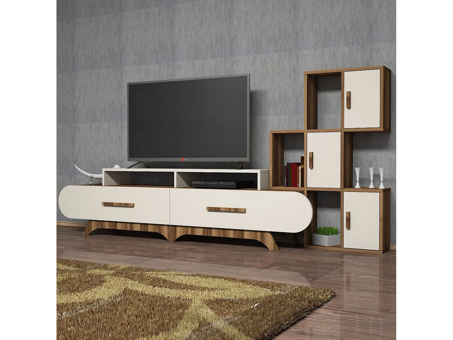Mueble de TV moderno con estante de pared – 205 x 50 x 36,8 cm – Nogal y crema – Revestido 100% melamina