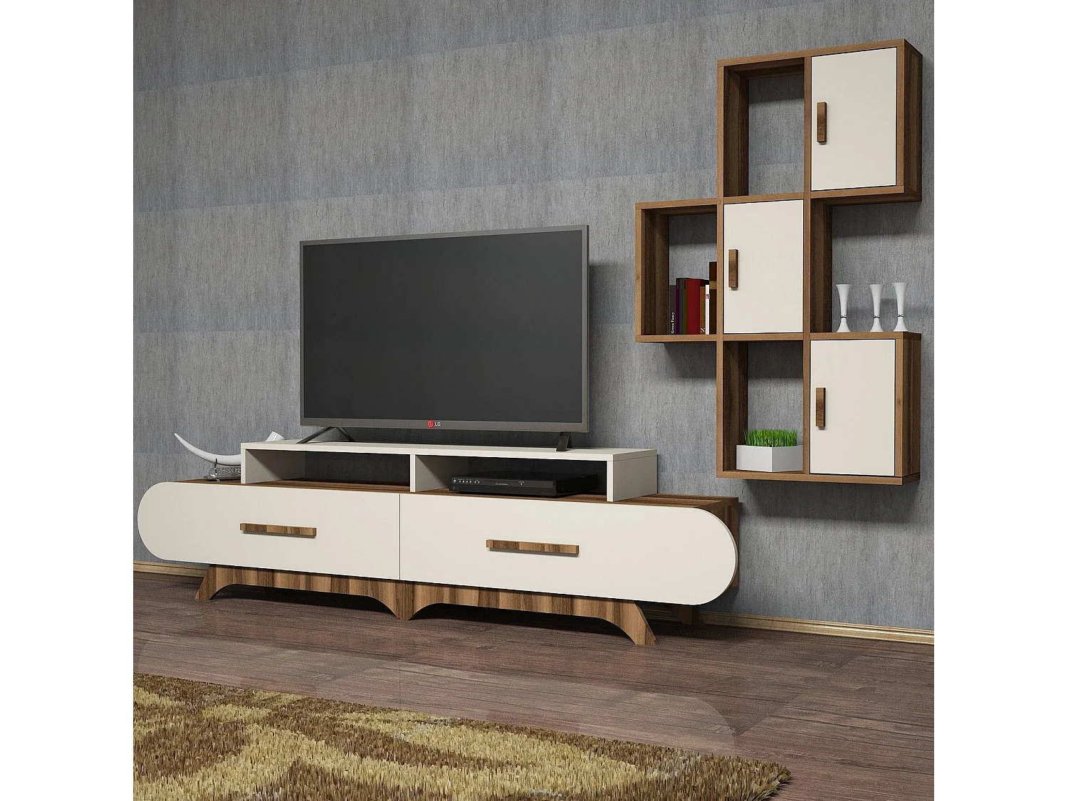 Mueble de TV moderno con estante de pared – 205 x 50 x 36,8 cm – Nogal y crema – Revestido 100% melamina