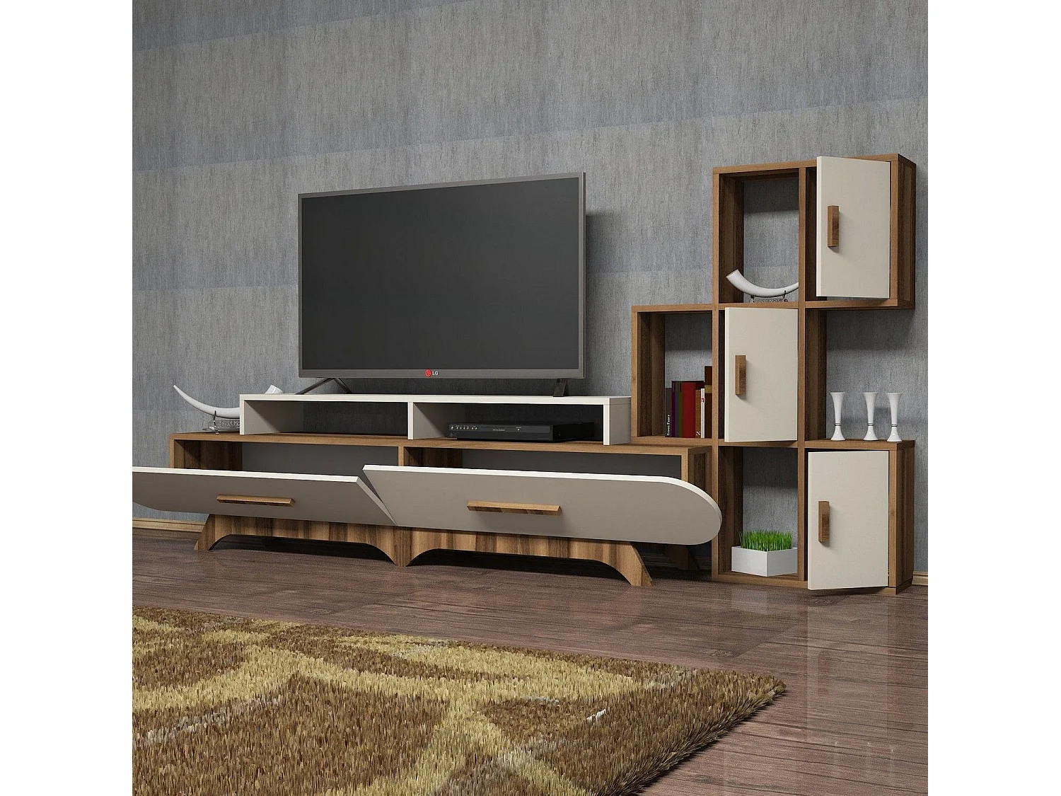 Mueble de TV moderno con estante de pared – 205 x 50 x 36,8 cm – Nogal y crema – Revestido 100% melamina