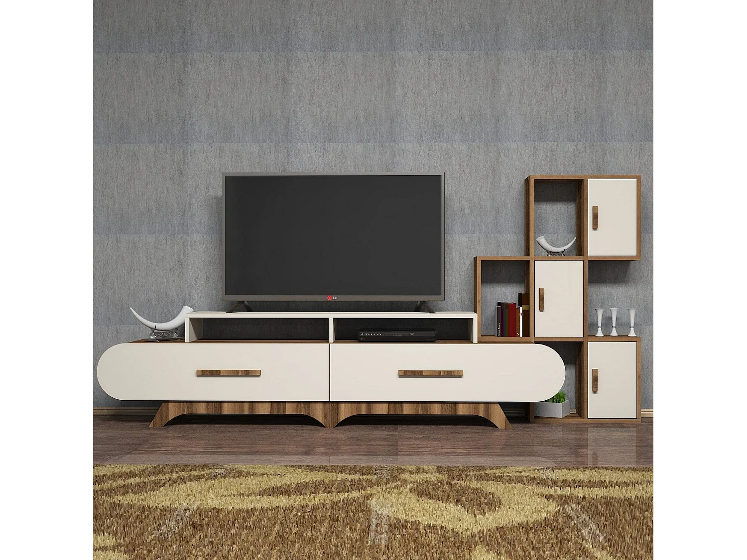 Mueble de TV moderno con estante de pared – 205 x 50 x 36,8 cm – Nogal y crema – Revestido 100% melamina