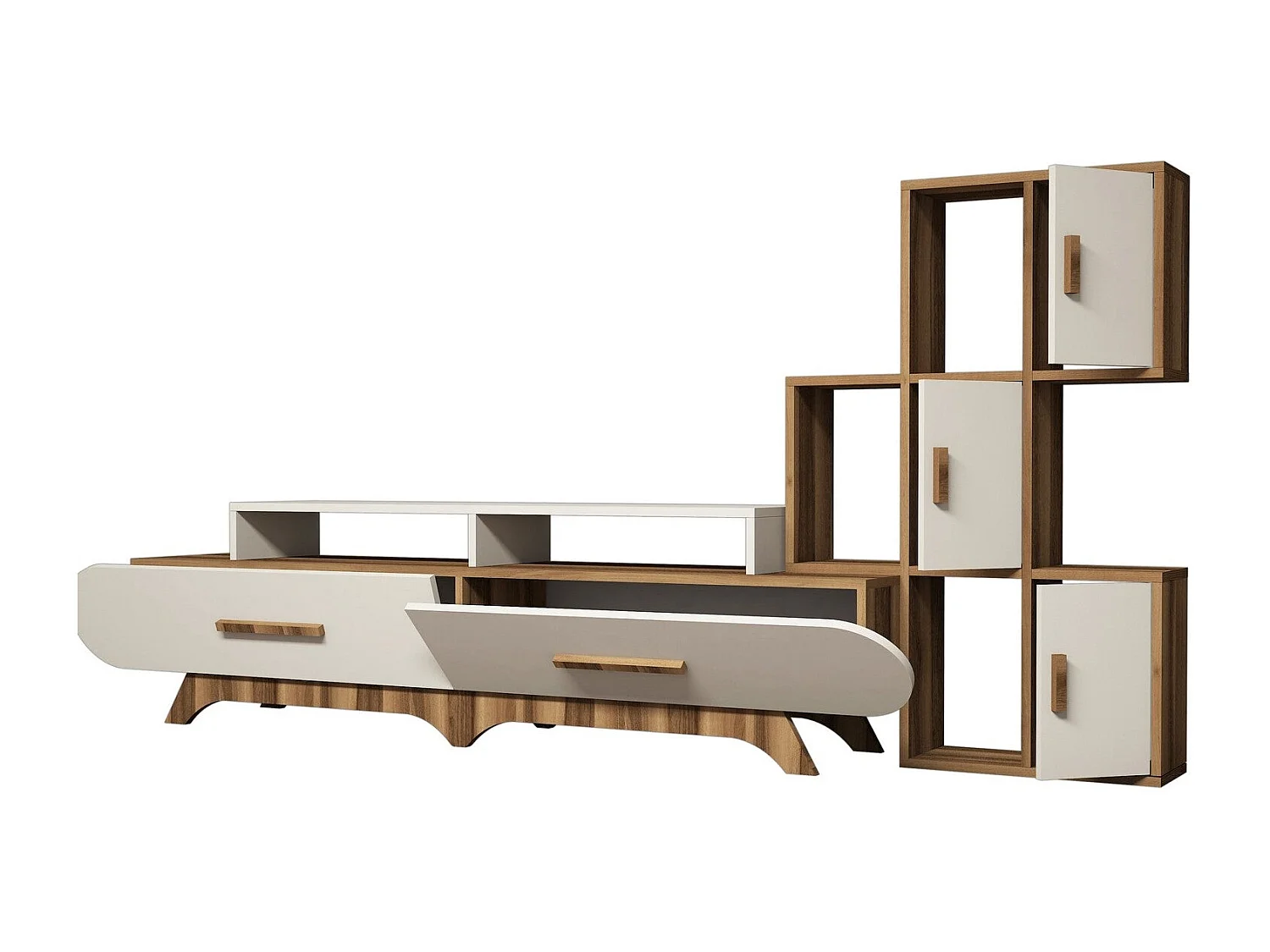 Mueble de TV moderno con estante de pared – 205 x 50 x 36,8 cm – Nogal y crema – Revestido 100% melamina