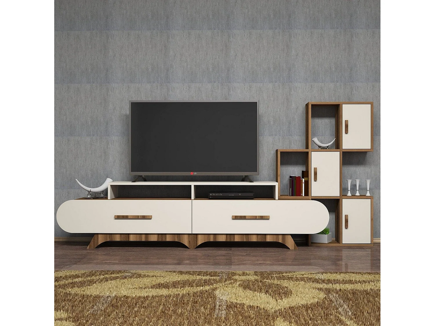 Mobile TV moderno con mensola a muro – 205 x 50 x 36,8 cm – Noce e crema – Rivestimento in melaminico 100%