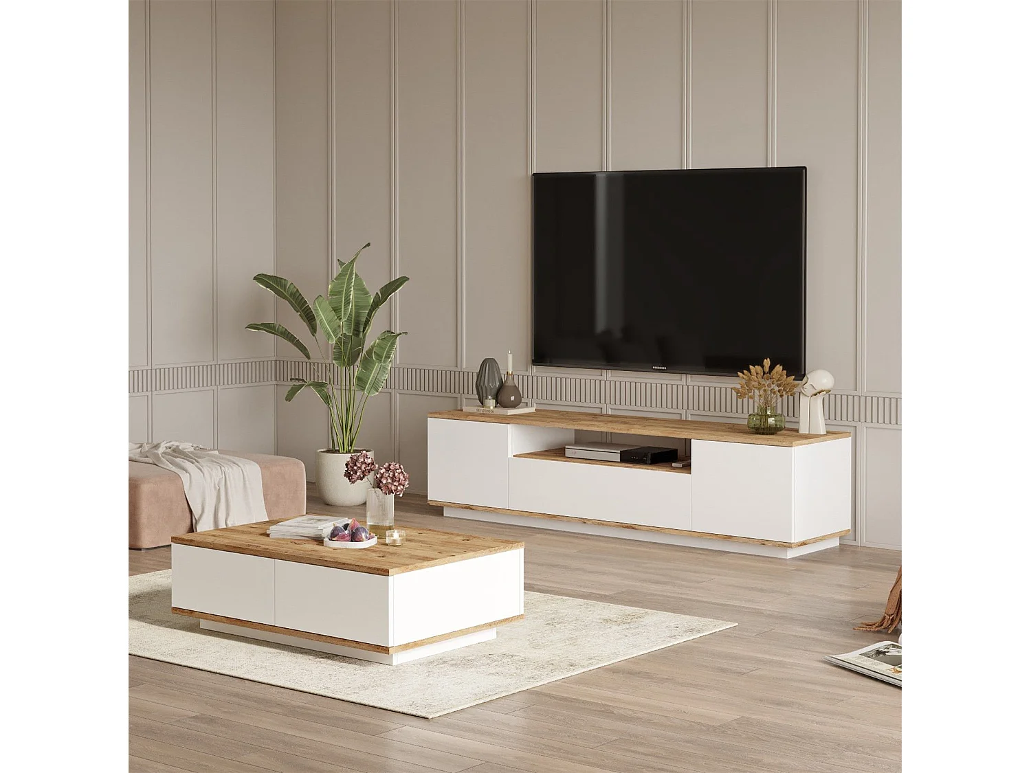 Conjunto de salón Kailua 2195, Blanco|Pino, Aglomerado laminado