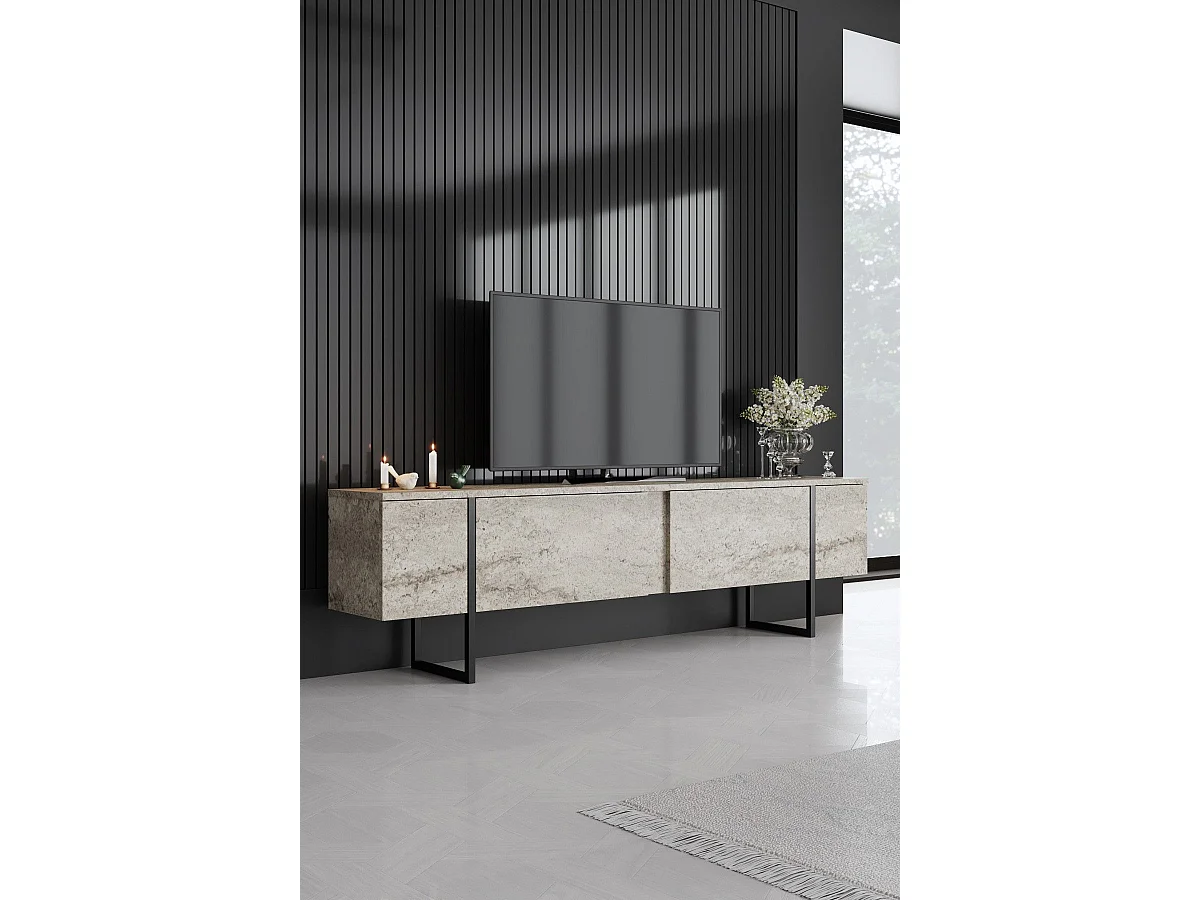 TV-Ständer – 180 cm – Travertin und Schwarz – Melamin-Spanplatte