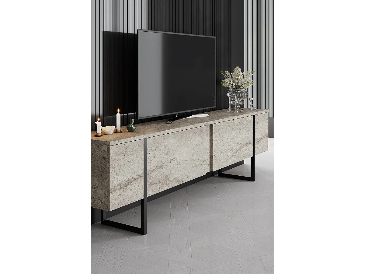 TV-Ständer – 180 cm – Travertin und Schwarz – Melamin-Spanplatte