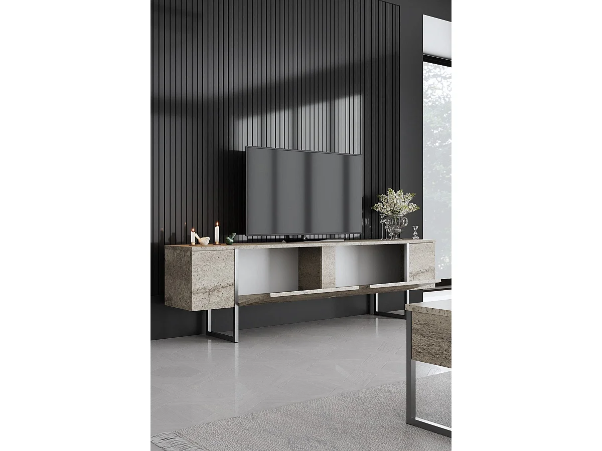 Conjunto de Móveis de Sala de Estar Luxe - Travertino e Prata