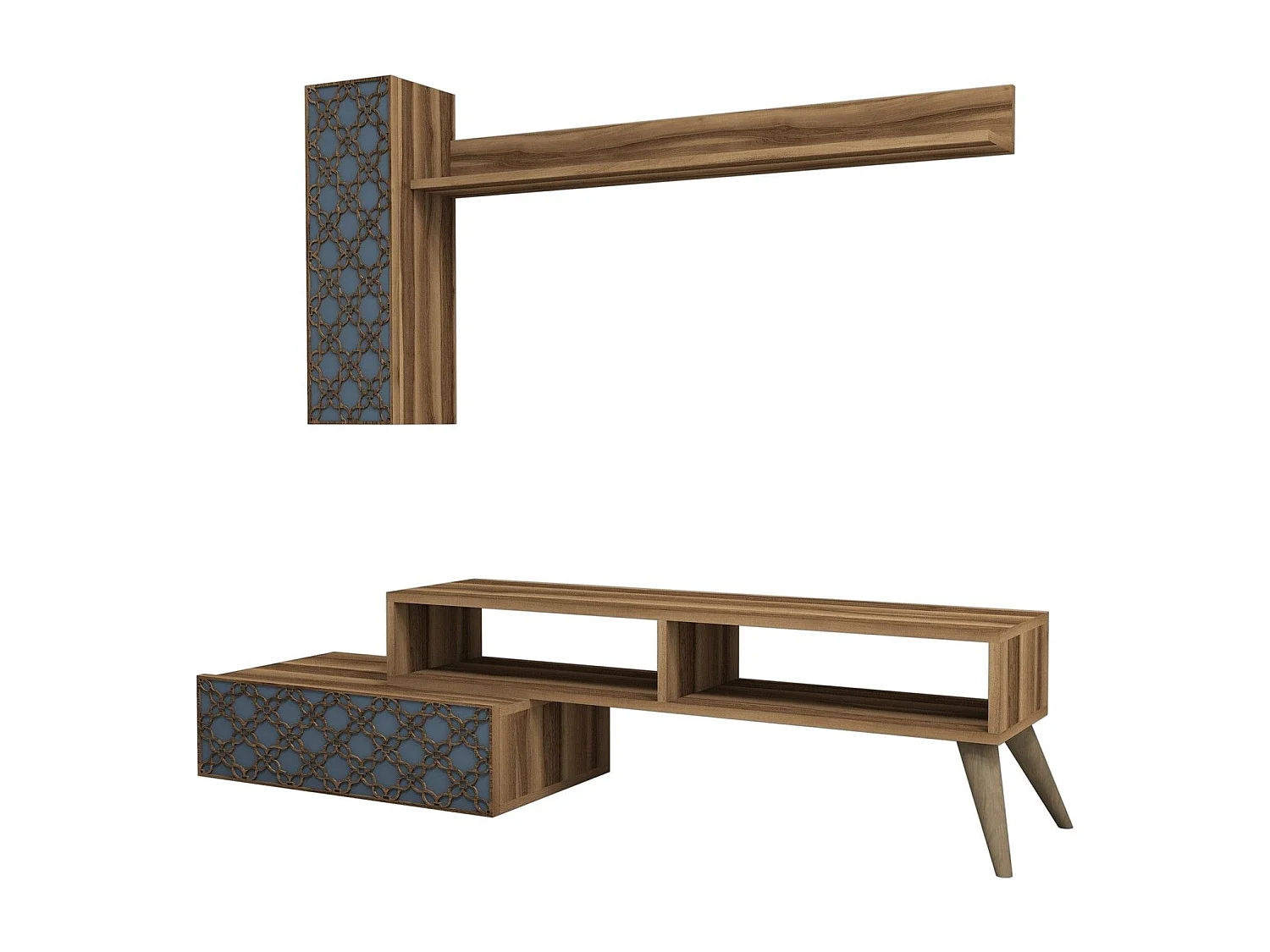 Conjunto de salón Kailua 1561, Azul|Nuez, Partes separadas|Con mesa de TV, 150x37cm