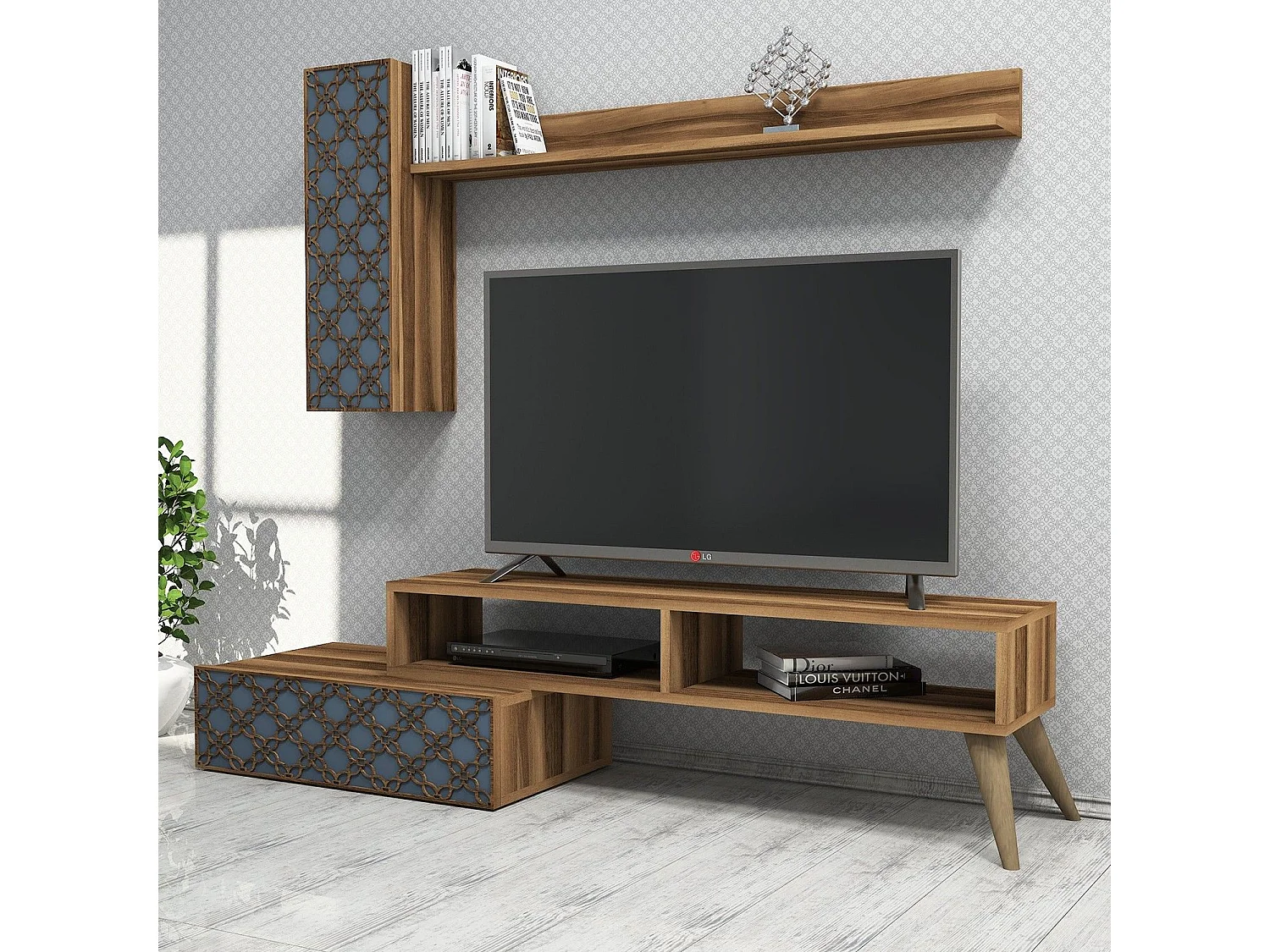 Conjunto de salón Kailua 1561, Azul|Nuez, Partes separadas|Con mesa de TV, 150x37cm