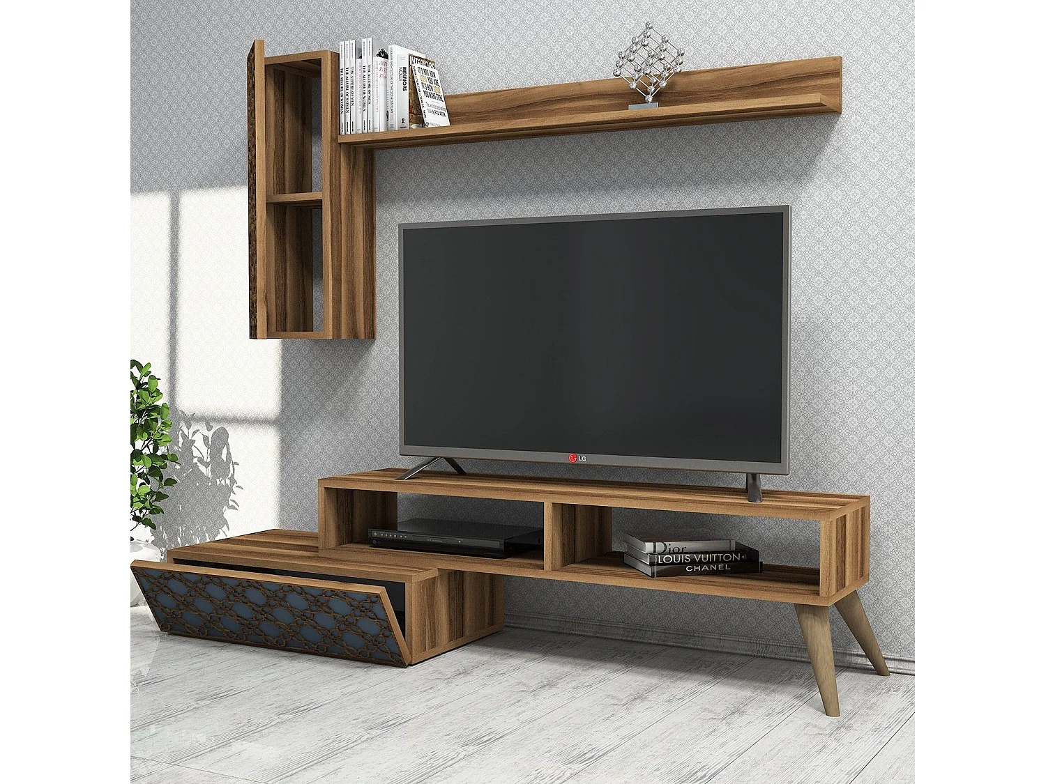 Conjunto de salón Kailua 1561, Azul|Nuez, Partes separadas|Con mesa de TV, 150x37cm