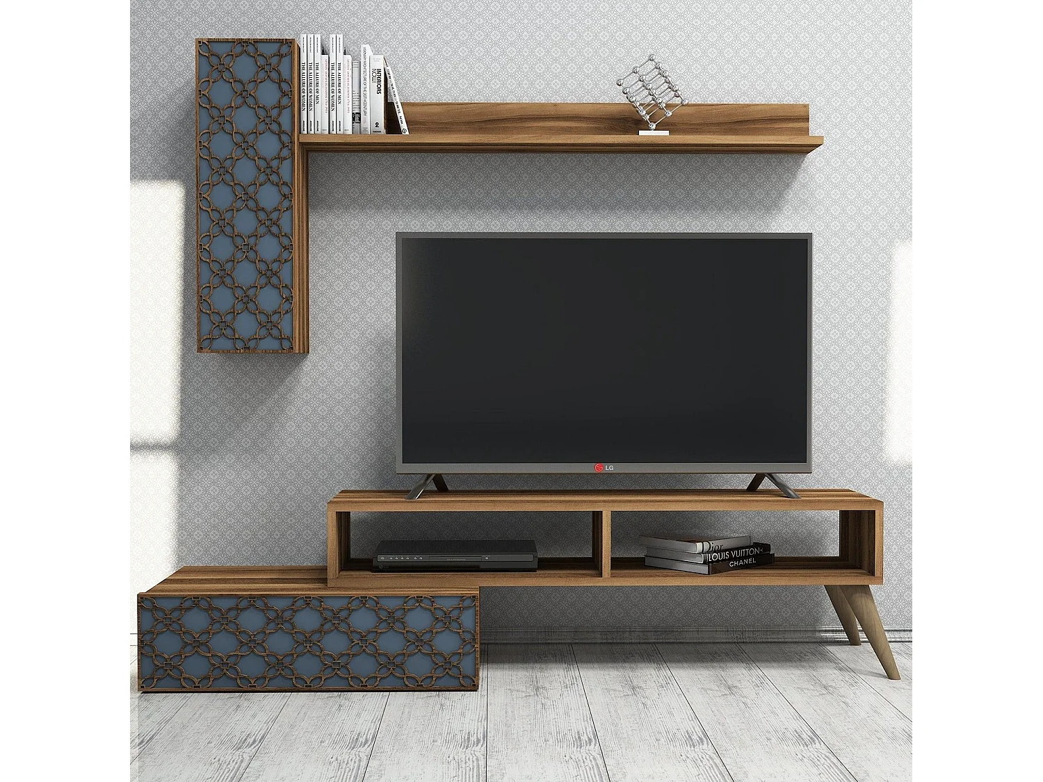 Conjunto de salón Kailua 1561, Azul|Nuez, Partes separadas|Con mesa de TV, 150x37cm