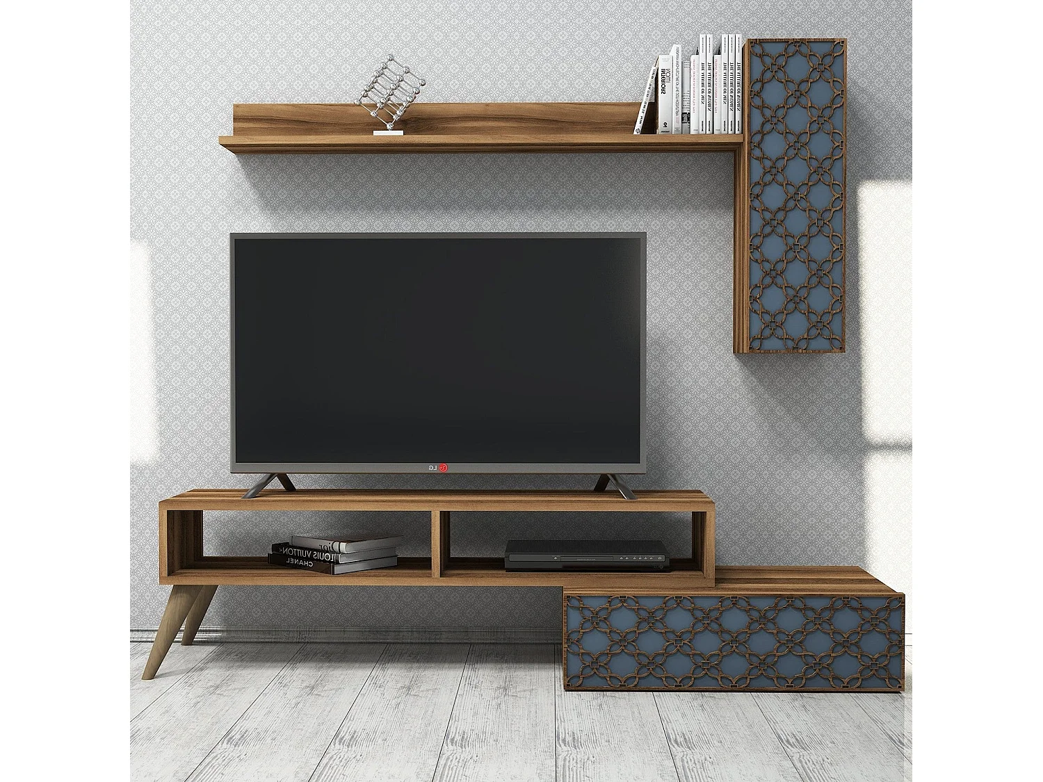 Conjunto de salón Kailua 1561, Azul|Nuez, Partes separadas|Con mesa de TV, 150x37cm