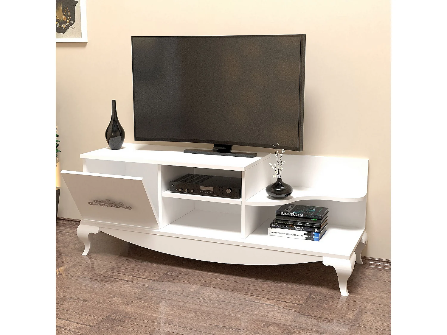 Mueble de TV moderno – 130 cm – blanco – tejido de melamina