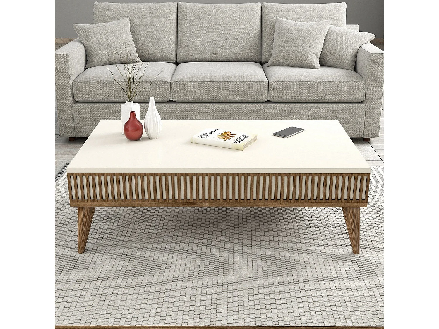 Ensemble meuble Tv, table basse et étagère murale design Ribera Bois clair et Crème