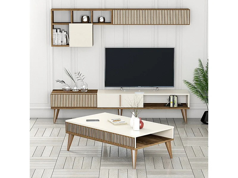 Ensemble meuble Tv, table basse et étagère murale design Ribera Bois clair et Crème