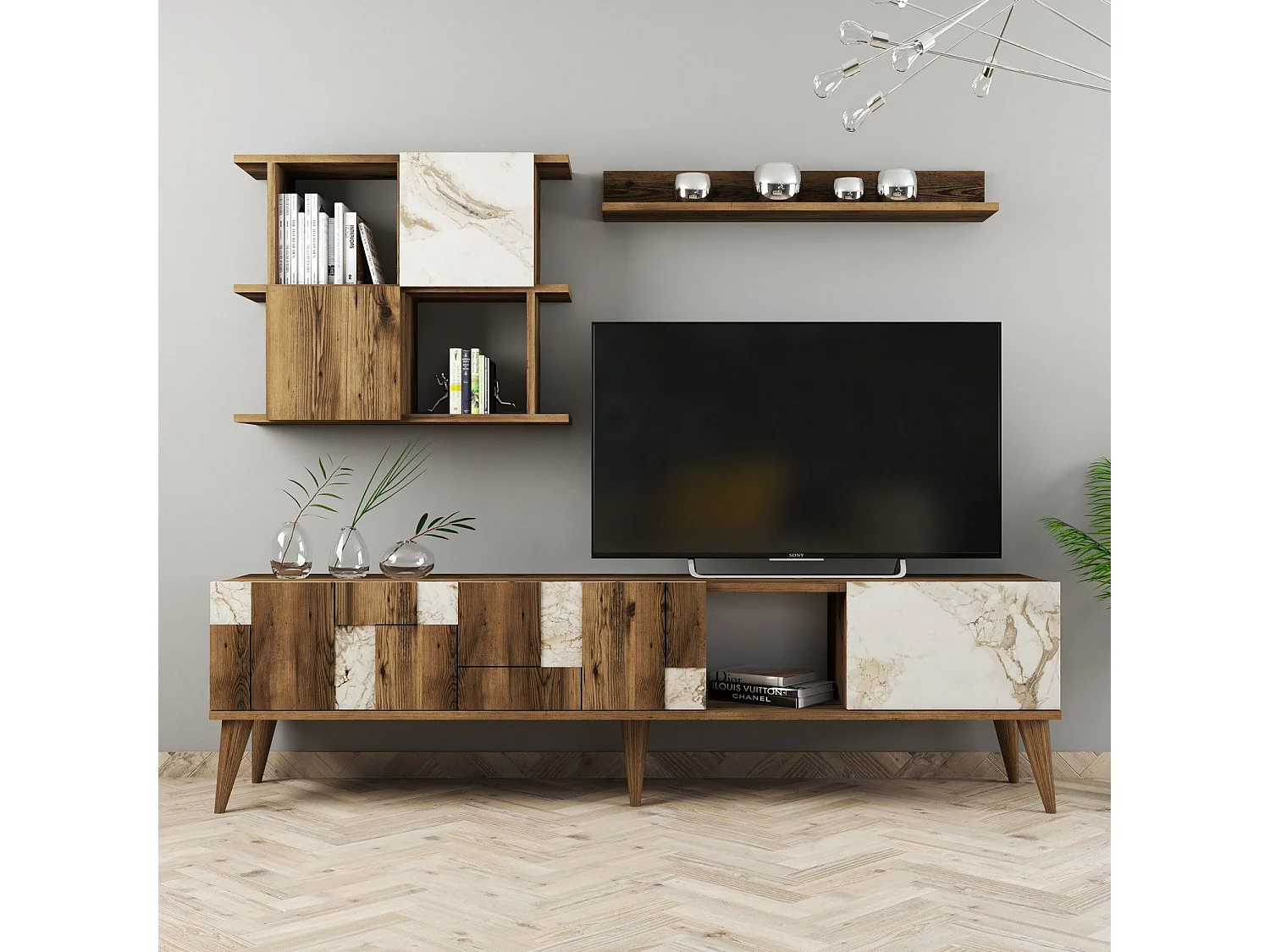 Conjunto de salón Kailua 1566, Mármol blanco|Nuez, Partes separadas|Con mesa de TV, 180cm