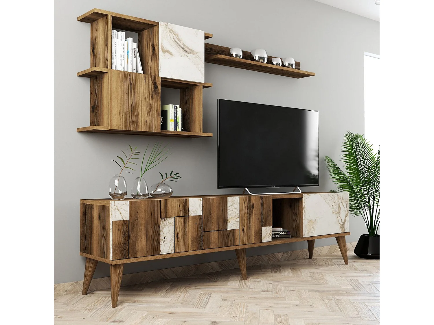 Conjunto de salón Kailua 1566, Mármol blanco|Nuez, Partes separadas|Con mesa de TV, 180cm