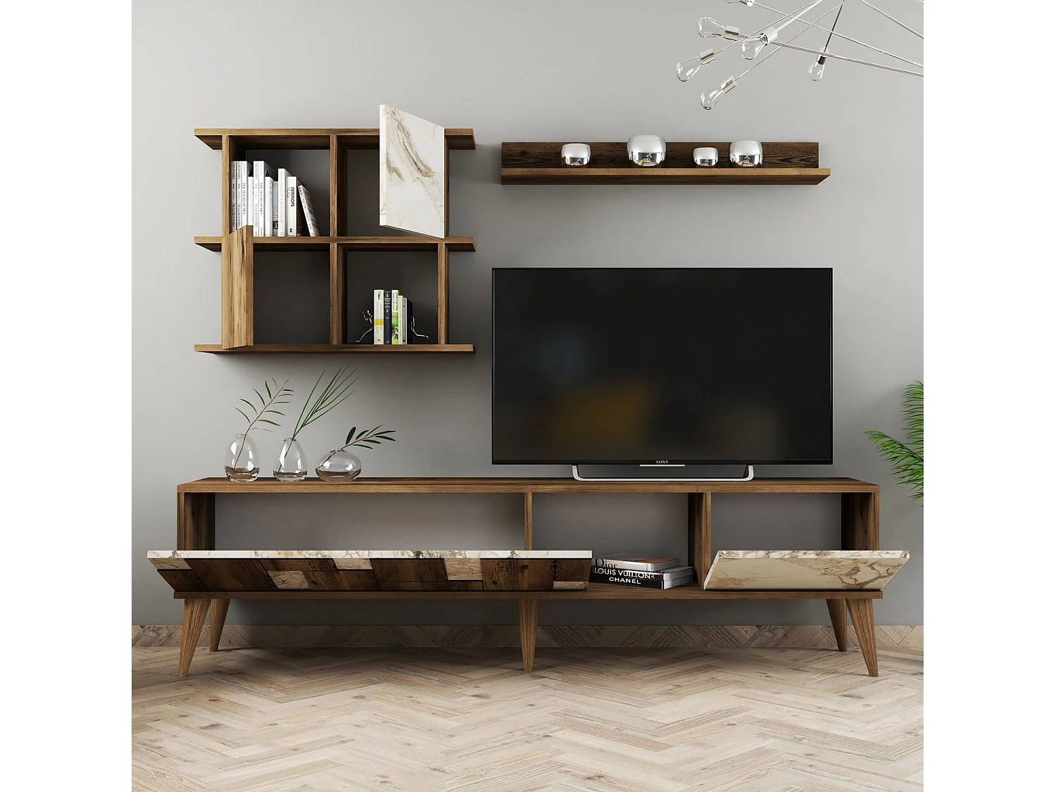 Conjunto de salón Kailua 1566, Mármol blanco|Nuez, Partes separadas|Con mesa de TV, 180cm