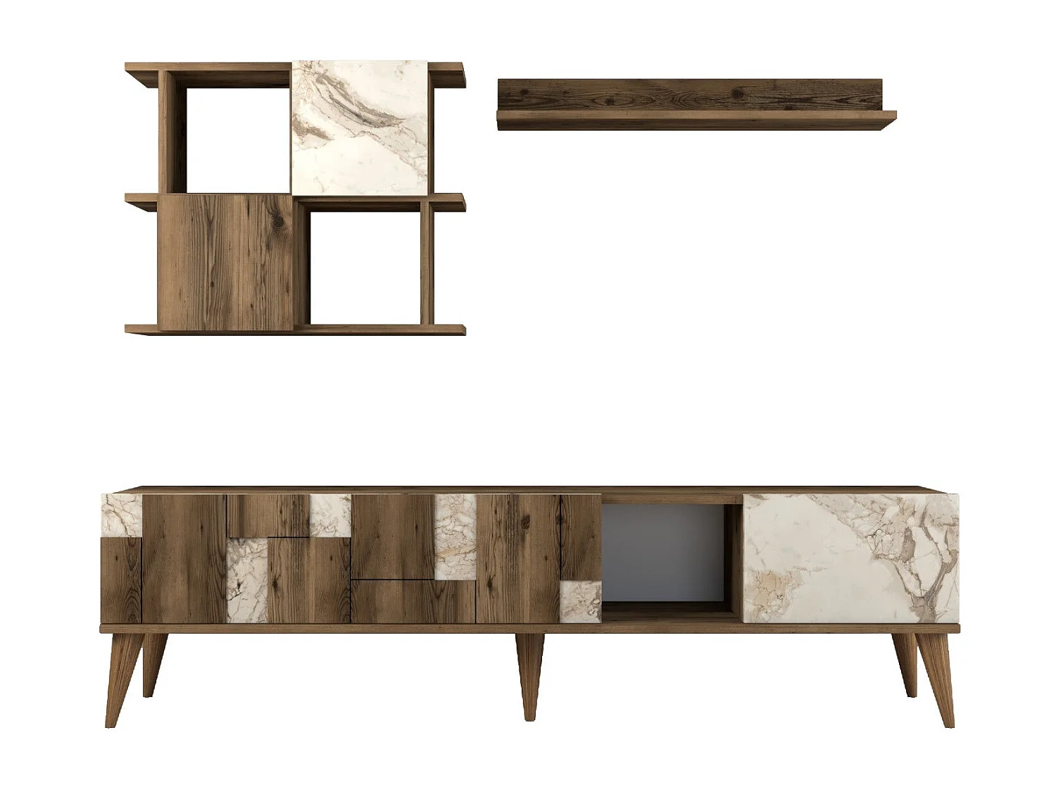 Conjunto de salón Kailua 1566, Mármol blanco|Nuez, Partes separadas|Con mesa de TV, 180cm