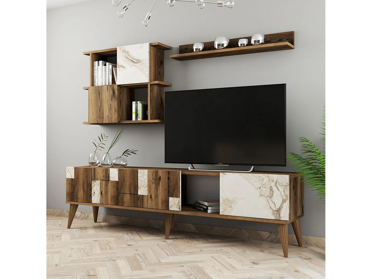 Moderner TV-Ständer – 180 cm – Weiß und Walnuss – Melaminbeschichtete Spanplatte