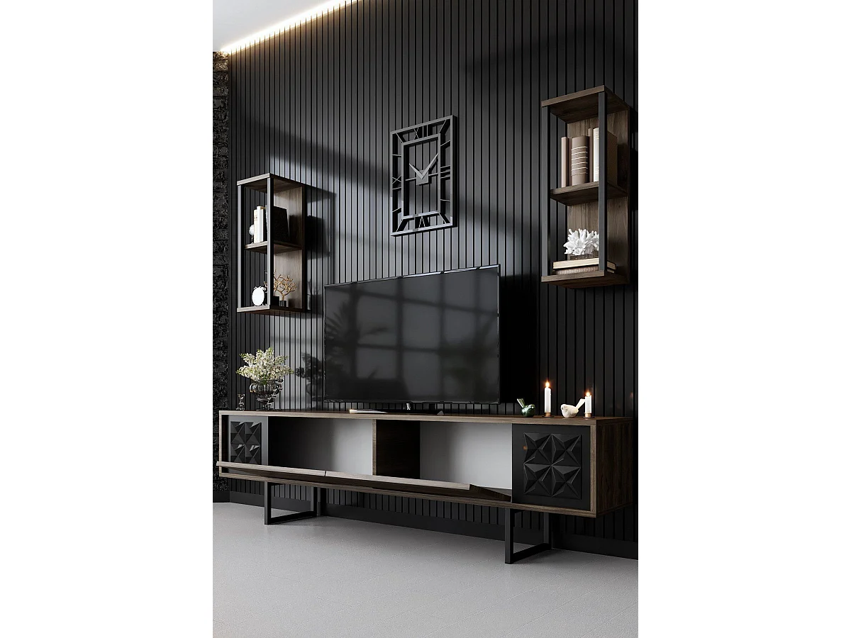 Ensemble meuble Tv, 2 étagères murales et table basse Radia Bois foncé et Métal Noir