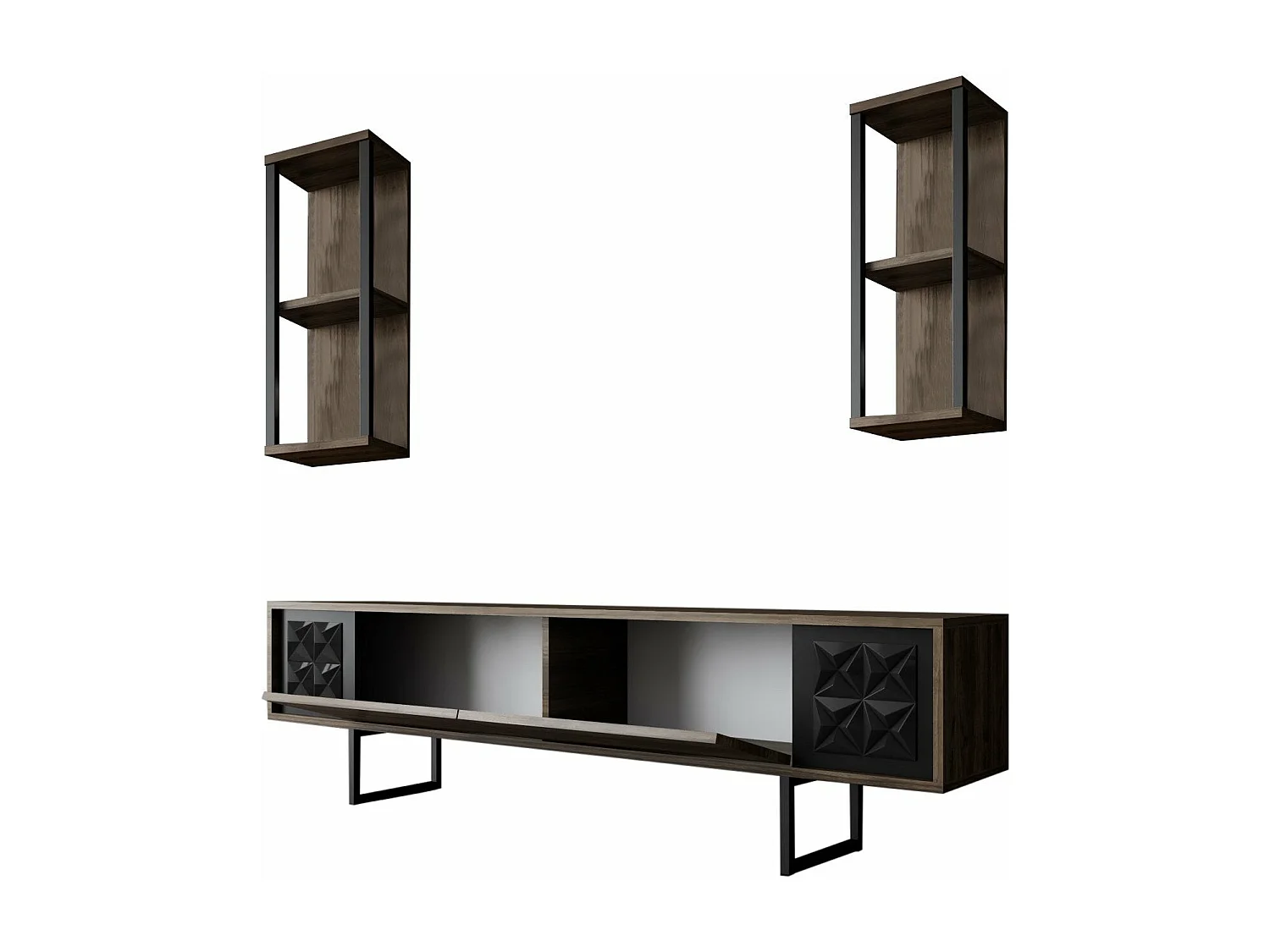 Ensemble meuble Tv, 2 étagères murales et table basse Radia Bois foncé et Métal Noir
