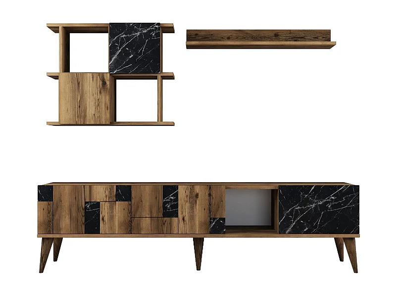 Conjunto de salón Kailua 1566, Mármol negro|Nuez, Partes separadas|Con mesa de TV, 180cm