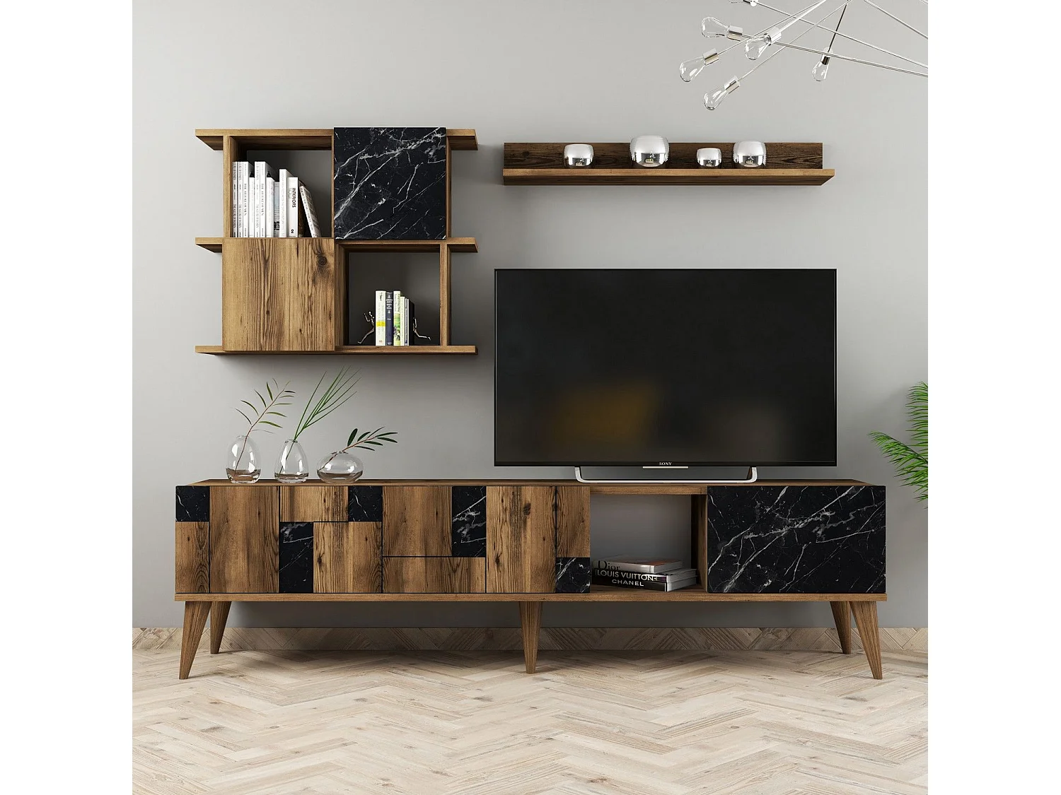 Conjunto de salón Kailua 1566, Mármol negro|Nuez, Partes separadas|Con mesa de TV, 180cm