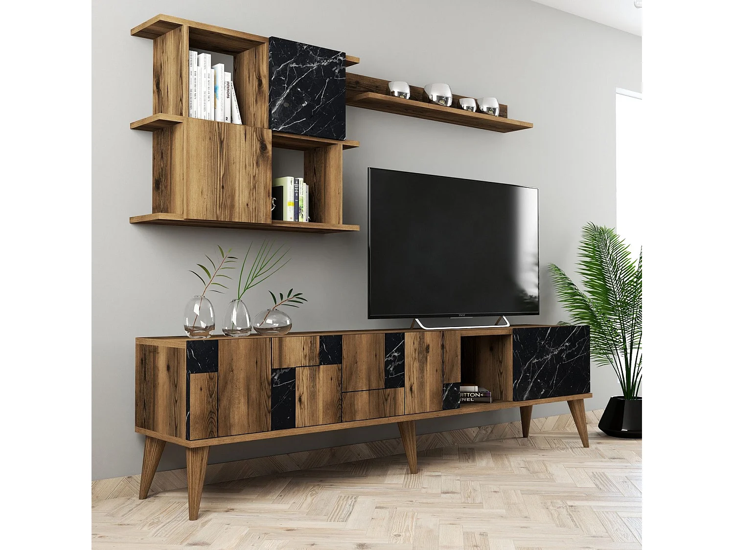 Conjunto de salón Kailua 1566, Mármol negro|Nuez, Partes separadas|Con mesa de TV, 180cm
