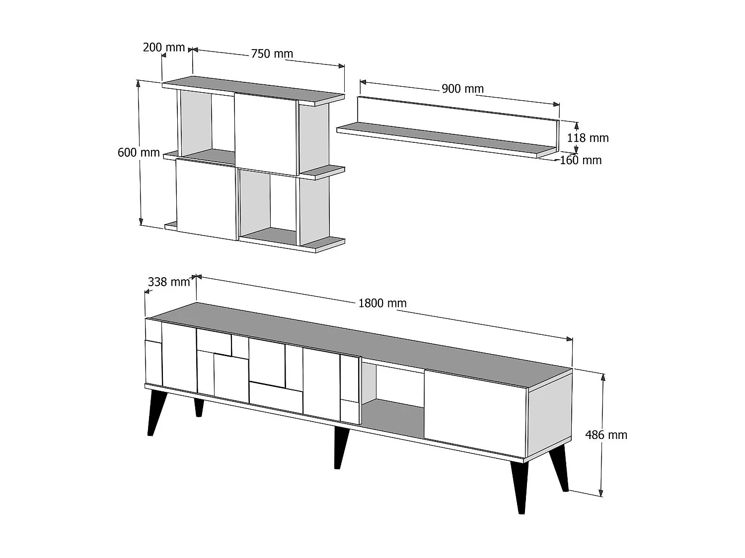 Conjunto de salón Kailua 1566, Mármol negro|Nuez, Partes separadas|Con mesa de TV, 180cm