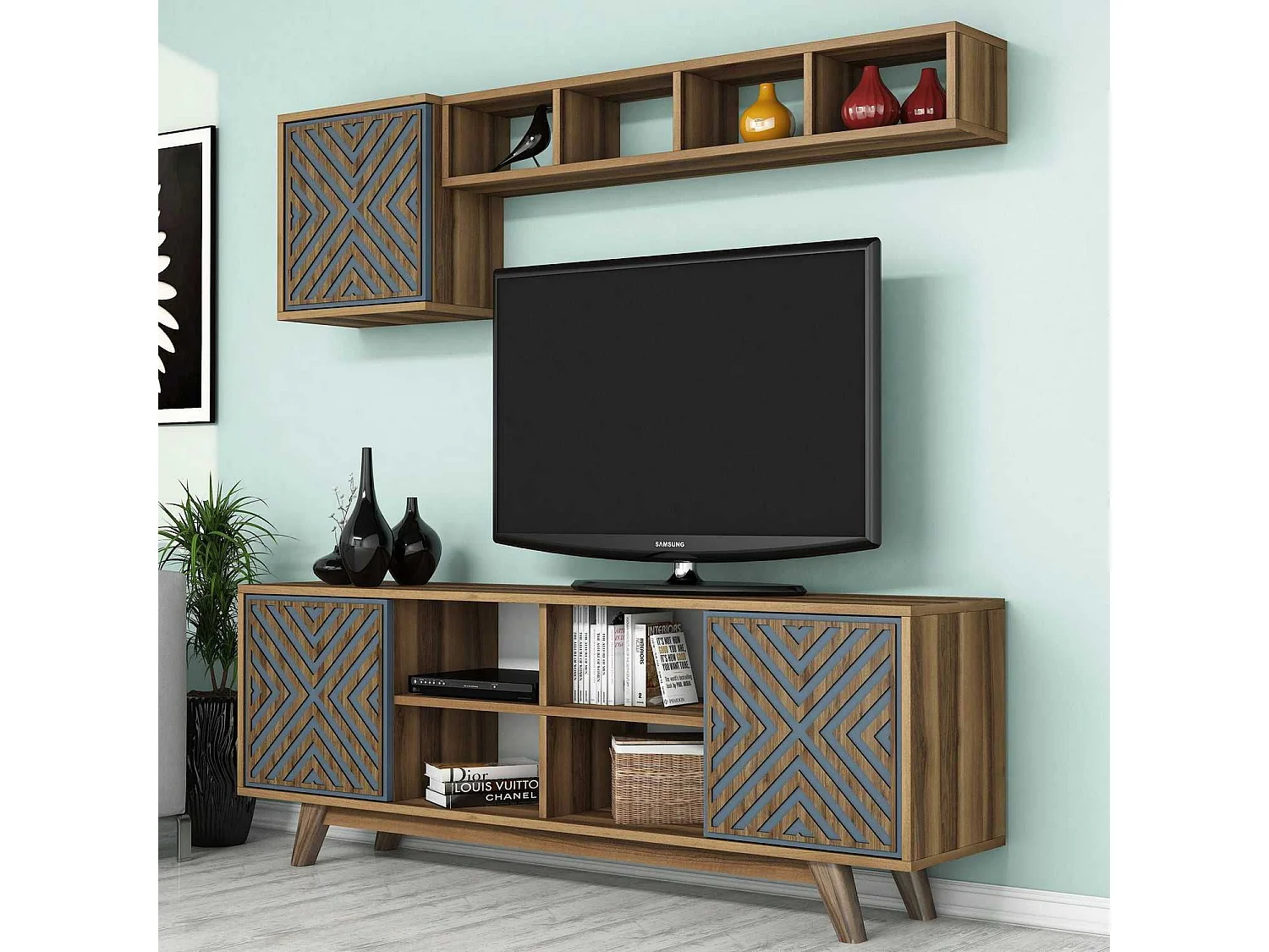 Conjunto de salón Kailua 1571, Nuez|Azul, Partes separadas|Con mesa de TV, 160x35cm