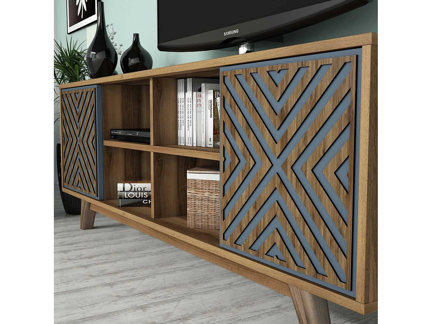 Conjunto de salón Kailua 1571, Nuez|Azul, Partes separadas|Con mesa de TV, 160x35cm