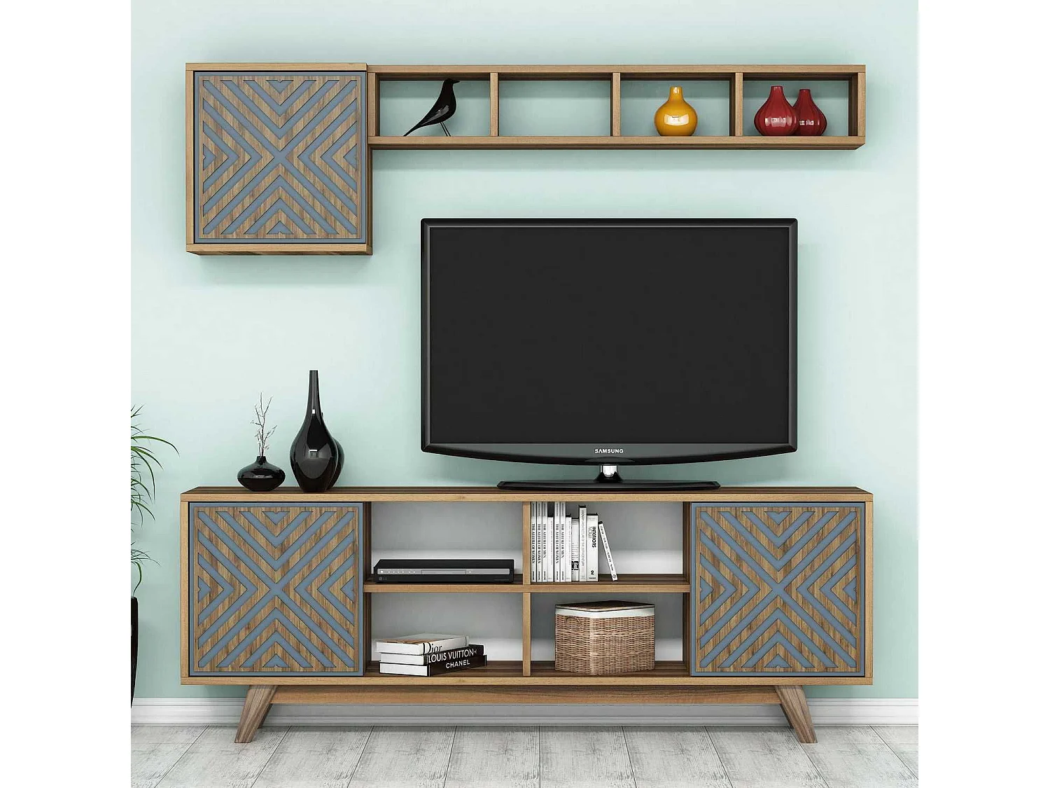 Conjunto de salón Kailua 1571, Nuez|Azul, Partes separadas|Con mesa de TV, 160x35cm