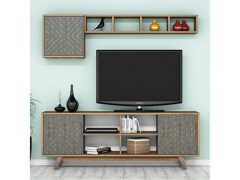 Moderne tv-standaard – 160 cm – walnoot en blauw – melamine