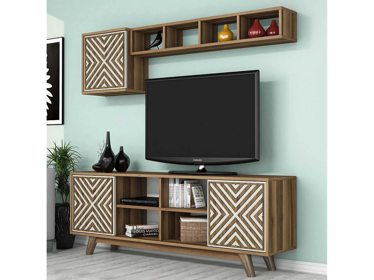Mueble de TV moderno – 160 cm – Crema y Nogal – Tablero de partículas recubierto de melamina