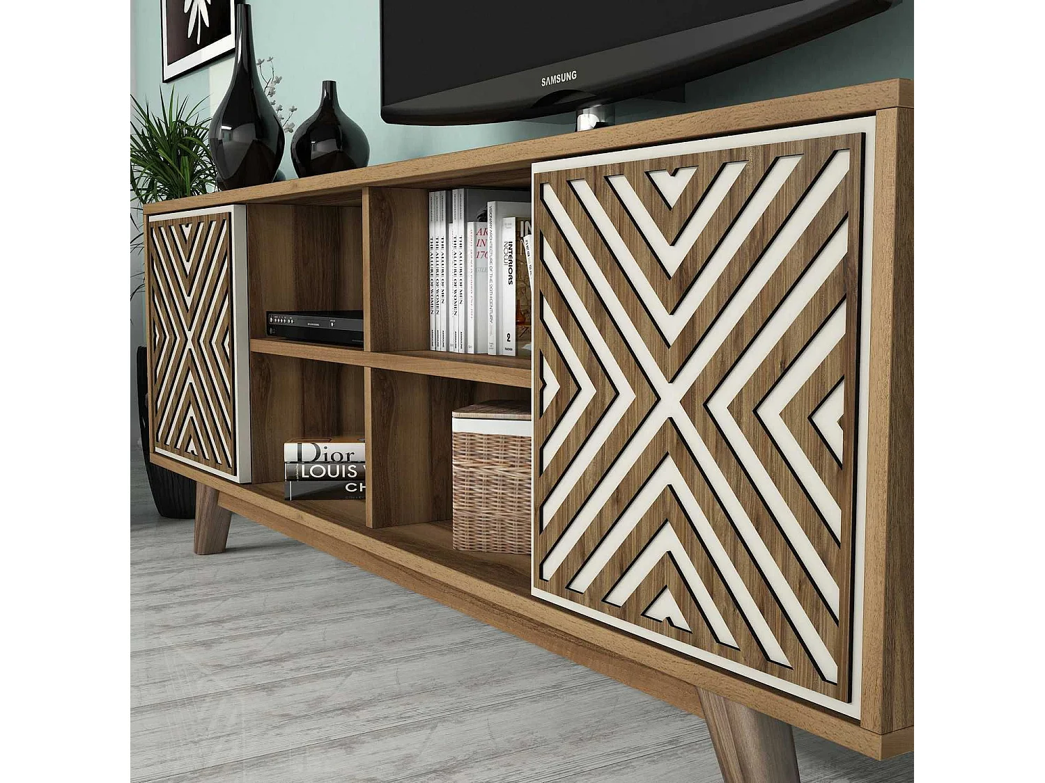 Móvel para Televisão Elegante em Nogueira e Creme - Design Moderno e Funcional