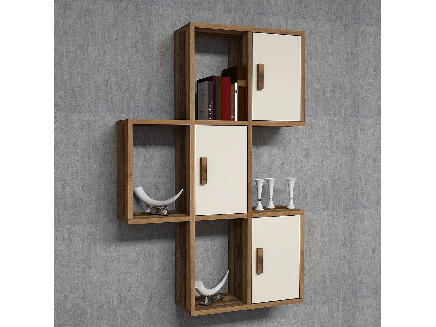 Estante de pared moderno – 50 x 112,6 x 20 cm – Nogal y crema – Tablero de partículas