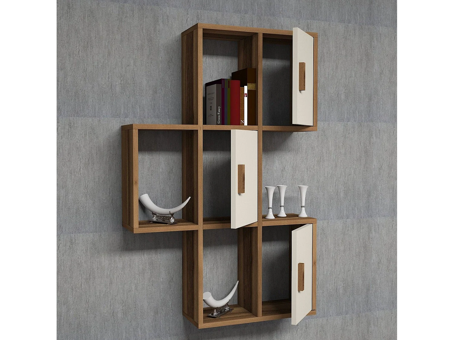 Estante de pared moderno – 50 x 112,6 x 20 cm – Nogal y crema – Tablero de partículas