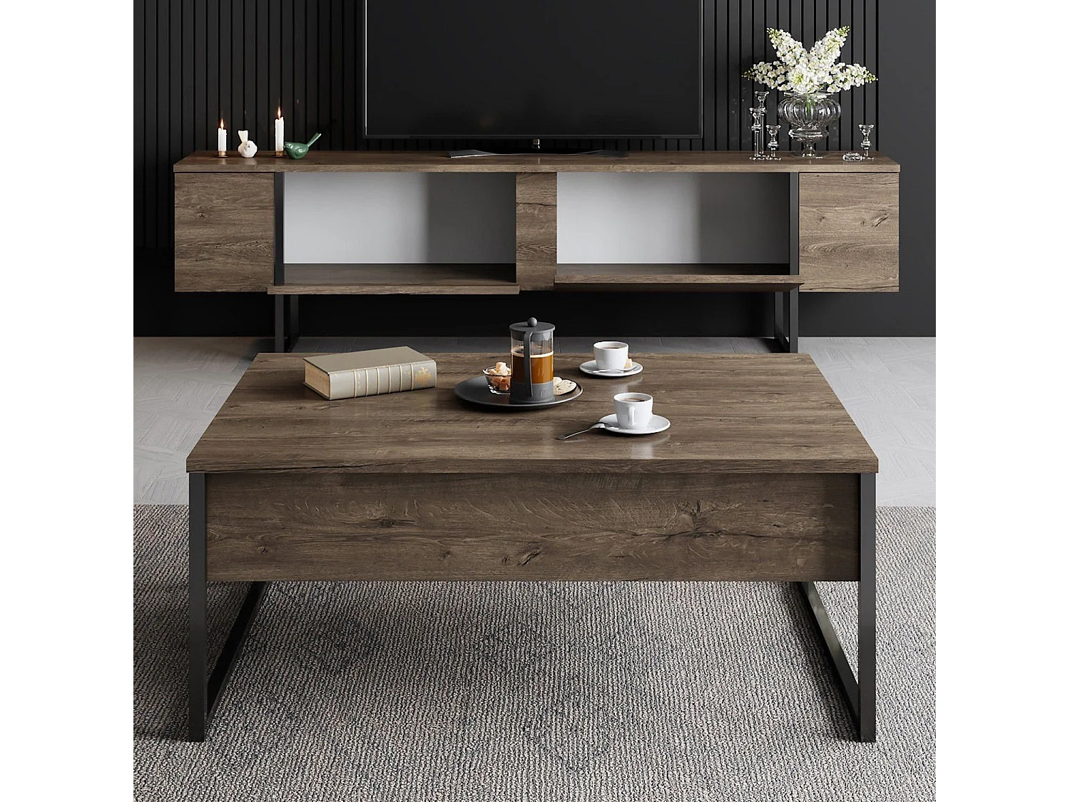 Ensemble meuble de salon 2 pièces Sibylle Métal Noir et Bois foncé