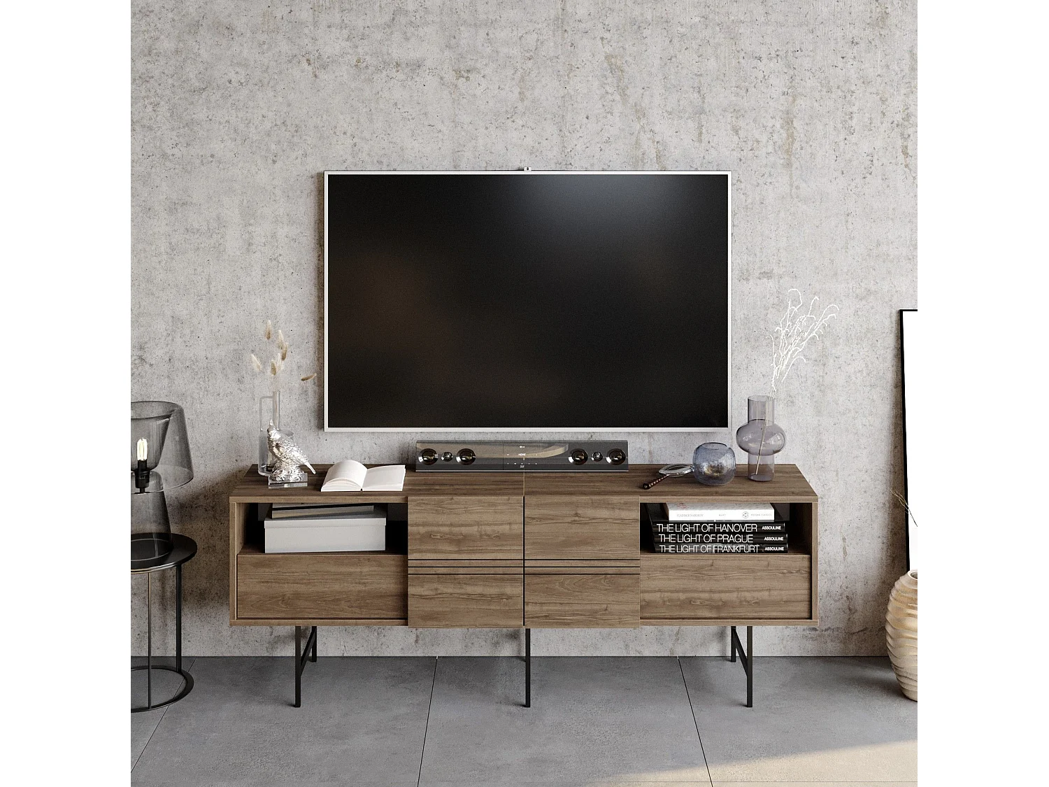 Mueble de TV moderno – 180 cm – nogal y negro – tablero de partículas revestido de melamina